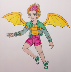 Size: 626x637 | Tagged: safe, artist:metalamethyst, smolder, human, g4, bomber jacket, clothes, female, flying, horn, horned humanization, humanized, jacket, multicolored hair, shoes, short hair, shorts, simple background, sneakers, solo, traditional art, winged humanization, wings