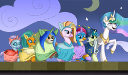 Size: 6063x3583 | Tagged: safe, artist:php97, gallus, ocellus, princess celestia, sandbar, silverstream, smolder, yona, alicorn, changedling, changeling, classical hippogriff, dragon, earth pony, griffon, hippogriff, pony, yak, g4, horse play, acting, clothes, cloven hooves, costume, dancing, faic, fake beard, fake ears, fake horn, line-up, performance, prosthetic butt, raised claw, raised hoof, rehearsal, scene interpretation, stage, star swirl the bearded costume, student six