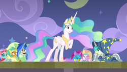 Size: 1280x720 | Tagged: safe, screencap, gallus, ocellus, princess celestia, sandbar, silverstream, smolder, yona, alicorn, changedling, changeling, dragon, earth pony, griffon, hippogriff, pony, yak, g4, horse play, clothes, cloud, cosplay, costume, dragoness, fake beard, fake ears, fake horn, female, male, mare, moon, pony costume, prosthetic butt, stage, star swirl the bearded costume, student six, teenager, wig