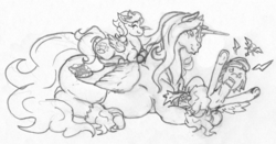 Size: 2574x1351 | Tagged: safe, artist:siegfriednox, oc, oc:buckets, oc:invidia nox, oc:rainstorm, alicorn, pegasus, pony, alicorn oc, angry, fat, group, large belly, lying, lying on top of someone, sitting on pony, size difference, traditional art