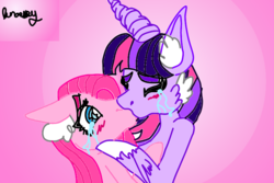 Size: 836x557 | Tagged: safe, artist:lunarsky, pinkie pie, twilight sparkle, earth pony, pony, g4, crying, duo, female, kiss on the lips, kissing, lesbian, mare, pinkamena diane pie, ship:twinkie, shipping