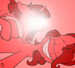 Size: 1000x916 | Tagged: safe, artist:senaelik, pinkie pie, twilight sparkle, earth pony, pony, g4, /mlp/, 4chan, drawthread, duo, female, glowing eyes, glowing eyes meme, looney tunes, mare, meme, monochrome, open mouth, ponified, redscale, signature, triggered