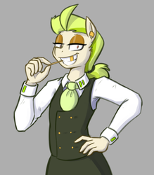 Size: 664x757 | Tagged: safe, artist:whatsapokemon, oc, oc only, oc:golden keylime, earth pony, anthro, anthro oc, clothes, ear piercing, female, gift art, gold tooth, grin, lidded eyes, looking at you, mare, necktie, piercing, smiling, smug, solo, vest
