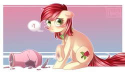 Size: 1764x1017 | Tagged: safe, artist:prjanik, roseluck, earth pony, pony, g4, :'(, broken vase, bruised, collar, commissioner:doom9454, crying, cute, digital art, female, floppy ears, looking at you, mare, pet tag, pony pet, rosepet, sad, sitting, solo, speech bubble, vase