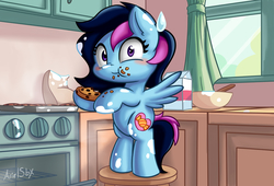Size: 2200x1500 | Tagged: safe, artist:arielsbx, artist:thecoldsbarn, oc, oc only, oc:candy sparklez, pegasus, pony, baking, bipedal, caught, cookie, cookie thief, cooking, cute, eating, female, filly, flour, food, hoof hold, kitchen, oh no, pure unfiltered evil, solo, surprised