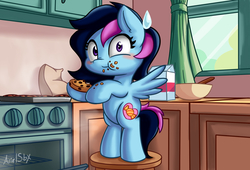 Size: 2200x1500 | Tagged: safe, alternate version, artist:arielsbx, artist:thecoldsbarn, oc, oc only, oc:candy sparklez, pegasus, pony, bipedal, caught, cookie, cookie thief, cooking, female, filly, food, kitchen, oh no, pure unfiltered evil, solo, surprised