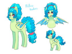 Size: 2224x1668 | Tagged: safe, artist:kittii-kat, oc, oc only, oc:mellow meadow, bat pony, pony, female, mare, offspring, parent:tree hugger, parent:unnamed oc, reference sheet, solo