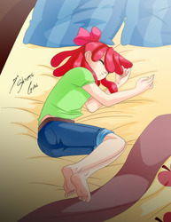 Size: 1280x1657 | Tagged: safe, artist:shinta-girl, apple bloom, equestria girls, g4, adorabloom, barefoot, bed, blanket, bow, cute, feet, female, human coloration, pillow, sleeping, soles, solo