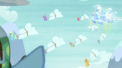 Size: 1280x720 | Tagged: safe, screencap, dewdrop, merry may, parasol, rainbow dash, rainbowshine, sassaflash, spring skies, tank, warm front, pegasus, pony, g4, tanks for the memories, background pony, cloud, cloud moving, cloudsdale, pointing, rainbow waterfall, working