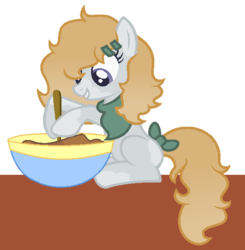 Size: 570x582 | Tagged: safe, artist:crystalponyart7669, oc, oc only, oc:sugar butter, earth pony, pony, bowl, female, mare, simple background, sitting, solo, transparent background