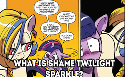 Size: 1113x689 | Tagged: safe, edit, idw, official comic, screencap, golden feather, twilight sparkle, alicorn, pony, g4, spoiler:comic, spoiler:comic65, braid, comic, duo, ear piercing, earring, female, jewelry, mare, piercing, twilight sparkle (alicorn)