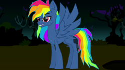 Size: 1024x575 | Tagged: safe, artist:galacticflashd, rainbow dash, pony, g4, secrets and pies, adorapiehater, alternate hairstyle, antagonist, best villain, cute, evil pie hater dash, fangs, female, long mane, older, solo, wip