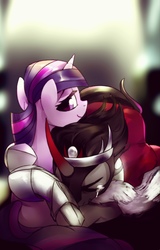 Size: 2251x3508 | Tagged: safe, artist:tingsan, king sombra, twilight sparkle, g4, crying, curved horn, fanfic, fanfic art, female, high res, horn, hug, male, ship:twibra, shipping, smiling, straight, villains touching twilight