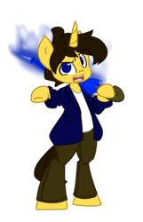 Size: 1800x2800 | Tagged: safe, artist:spheedc, oc, oc only, oc:dream chaser, unicorn, semi-anthro, bipedal, blue eyes, brown hair, clothes, digital art, jacket, male, pants, pointing, shirt, simple background, solo, stallion, transparent background, umbrella