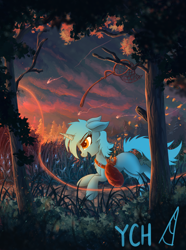 Size: 2000x2683 | Tagged: safe, artist:atlas-66, oc, oc only, pony, unicorn, advertisement, bag, commission, female, floppy ears, forest, high res, mare, not lyra, running, scenery, smiling, solo, your character here