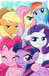 Size: 480x740 | Tagged: safe, artist:thecrayonqueen, applejack, fluttershy, pinkie pie, rainbow dash, rarity, twilight sparkle, alicorn, earth pony, pegasus, pony, unicorn, g4, cowboy hat, cute, female, hat, hug, looking at you, mane six, mare, one eye closed, smiling, twilight sparkle (alicorn), watermark, wink