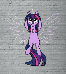 Size: 800x897 | Tagged: safe, artist:pink-pone, edit, twilight sparkle, earth pony, pony, unicorn, g4, arm behind head, chalk drawing, chest fluff, earth pony twilight, female, g5 concept leaks, solo, twilight sparkle (g5 concept leak), wall, wings