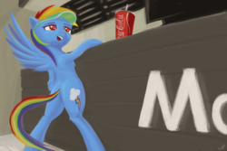 Size: 6000x4000 | Tagged: safe, artist:madgehog, rainbow dash, pegasus, pony, g4, bipedal, butt, coca-cola, fastfood restaurant, female, happy, mare, open mouth, plot, spread wings, underhoof, wings