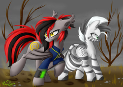 Size: 4500x3200 | Tagged: safe, artist:cecilia_trager, oc, oc:ferncloud, oc:tomoko tanue, bat pony, zebra, fallout equestria, bat pony oc, clothes, female, jumpsuit, mare, pipbuck, raised hoof, vault suit, ych result