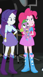Size: 1242x2208 | Tagged: safe, screencap, pinkie pie, rarity, spike, spike the regular dog, dog, equestria girls, equestria girls specials, g4, my little pony equestria girls: movie magic, belt, boots, bracelet, clothes, cropped, female, holding, holding spike, jewelry, male, raised eyebrow, shirt, shoes, skirt, tongue out, top, trio, vest