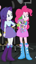 Size: 1242x2208 | Tagged: safe, screencap, fluttershy, pinkie pie, rarity, spike, spike the regular dog, dog, equestria girls, equestria girls specials, g4, my little pony equestria girls: movie magic, belt, boots, bracelet, clothes, cropped, female, jewelry, male, offscreen character, paws, raised leg, shoes, skirt, smiling, trio