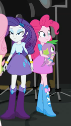 Size: 1242x2208 | Tagged: safe, screencap, fluttershy, pinkie pie, rarity, spike, spike the regular dog, dog, equestria girls, equestria girls specials, g4, my little pony equestria girls: movie magic, belt, boots, bracelet, clothes, cropped, female, jewelry, male, offscreen character, shoes, skirt