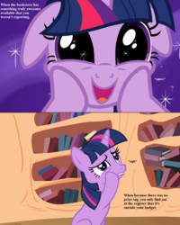 Size: 1152x1438 | Tagged: safe, edit, edited screencap, editor:korora, screencap, twilight sparkle, pony, g4, secret of my excess, the crystal empire, book, bookhorse, cropped, disappointed, female, floppy ears, golden oaks library, sigh, solo, squee, squishy cheeks, text