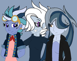 Size: 766x606 | Tagged: safe, artist:icicle-niceicle-1517, artist:sabri2000, color edit, edit, oc, oc only, oc:black lightning (ice1517), oc:jet stream (ice1517), oc:winter flurry, icey-verse, equestria girls, g4, blue background, clothes, colored, ear piercing, earring, equestria girls-ified, female, glasses, goggles, hair over one eye, jacket, jewelry, magical lesbian spawn, next generation, offspring, parent:indigo zap, parent:night glider, parents:indiglider, piercing, side hug, simple background, sweater