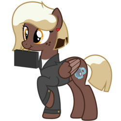 Size: 4688x4688 | Tagged: safe, artist:besttubahorse, oc, oc only, oc:sweet mocha, pegasus, pony, absurd resolution, alternate hairstyle, briefcase, business suit, clothes, cute, ear piercing, female, freckles, manecut, mare, mochabetes, mouth hold, ocbetes, piercing, raised hoof, simple background, solo, suit, transparent background, vector