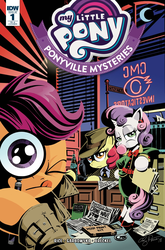 Size: 1318x2000 | Tagged: safe, artist:andy price, idw, apple bloom, queen chrysalis, scootaloo, sweetie belle, g4, my little pony: ponyville mysteries, official, ponyville mysteries #1, spoiler:comic, bubblegum, clothes, cutie mark crusaders, double indemnity, dress, fedora, food, gum, hat, magnifying glass, necktie, newspaper, sam spade, soda bottle, suit, the maltese falcon, thomas magnum, tongue out, trenchcoat