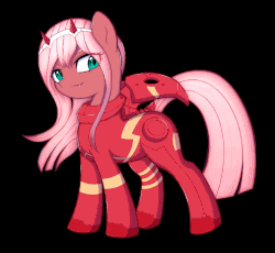 Size: 1090x1004 | Tagged: source needed, safe, artist:kas92, earth pony, pony, animated, black background, bodysuit, darling in the franxx, devil horns, fangs, female, headband, horns, lidded eyes, looking at you, mare, ponified, simple background, smiling, smirk, solo, windswept mane, zero two (darling in the franxx)