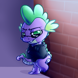 Size: 4000x4000 | Tagged: safe, artist:witchtaunter, spike, dragon, g4, against wall, clothes, cool, crossed arms, grin, hoodie, male, smiling, solo, sunglasses