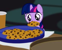 Size: 2229x1800 | Tagged: safe, artist:badumsquish, derpibooru exclusive, twilight sparkle, pony, unicorn, g4, badumsquish is trying to murder us, behaving like a rabbit, chocolate chip cookie, cookie, cookie thief, couch, cup, cute, eyes on the prize, female, filly, filly twilight sparkle, food, mouth hold, newspaper, nom, plate, ponified animal photo, show accurate, solo, table, twiabetes, twilight stealing a cookie, unicorn twilight, weapons-grade cute, younger