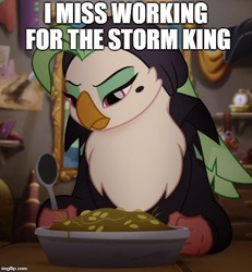 Size: 500x542 | Tagged: safe, edit, edited screencap, screencap, captain celaeno, g4, my little pony: the movie, cropped, female, image macro, meme, solo, stockholm syndrome, storm king's messenger outfit