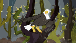 Size: 1280x720 | Tagged: safe, screencap, bald eagle, bird, eagle, g4, may the best pet win, ambiguous gender, animal, eyes closed, ghastly gorge, solo, straining, stuck, tangled up, thorn