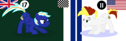 Size: 1168x383 | Tagged: safe, artist:lukington17, derpibooru exclusive, oc, oc only, oc:ban pinna, oc:electric blue, pegasus, pony, american, american flag, british, chevrolet, facial hair, green background, male, numbers, pounce, race, racing, simple background, smiling, smirk, stallion, stripes, union jack, united kingdom, united states