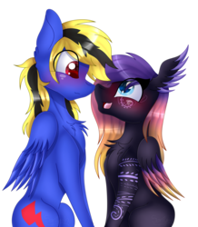 Size: 2680x3074 | Tagged: safe, artist:tomboygirl45, oc, oc only, oc:blooming lotus, oc:thunder lightning, pegasus, pony, blushing, female, height difference, high res, looking at each other, male, mare, physique difference, simple background, slender, stallion, thin, thunming, transparent background