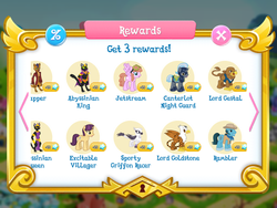 Size: 2048x1536 | Tagged: safe, gameloft, idw, abyssinian king, abyssinian queen, amethyst skim, capper dapperpaws, jetstream, lord gestal, lord goldstone, natalya, rambler, abyssinian, cat, earth pony, griffon, pegasus, pony, unicorn, anthro, digitigrade anthro, g4, my little pony: the movie, anthro with ponies, game screencap, night guard