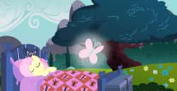 Size: 1069x550 | Tagged: safe, fluttershy, butterfly, g4, bed, dream, sleeping, tree