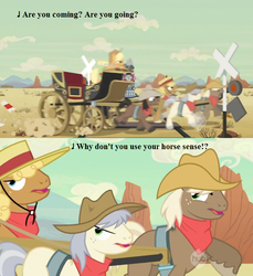Size: 635x692 | Tagged: safe, edit, edited screencap, editor:korora, screencap, applejack, caboose, evening star, full steam, john bull, promontory, earth pony, pony, g4, the last roundup, bandana, cowboy hat, desert, don't try this at home, friendship express, hat, hub logo, hubble, lyrics, male, railroad, railroad crossing, seven songs and a story, silly, silly pony, song reference, stagecoach, stallion, text, the hub, wagon, who's a silly pony