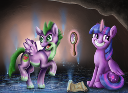 Size: 3520x2560 | Tagged: safe, artist:mlledashie, spike, twilight sparkle, alicorn, pegasus, pony, g4, gasp, glowing horn, high res, horn, levitation, magic, mirror, ponified, ponified spike, scroll, shocked, species swap, telekinesis, twilight sparkle (alicorn), winged spike, wings