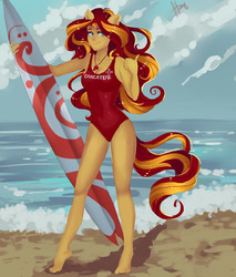 Size: 2900x3400 | Tagged: safe, artist:xjenn9, sunset shimmer, equestria girls, g4, clothes, cyrillic, female, high res, lifeguard, one-piece swimsuit, ponied up, russian, smiling, solo, surfboard, swimsuit, thumbs up, whistle