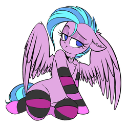 Size: 879x879 | Tagged: safe, artist:yoditax, oc, oc only, oc:apriori, pegasus, pony, semi-anthro, bedroom eyes, butt freckles, chest fluff, clothes, collar, drawpile, female, freckles, mare, piercing, shoulder freckles, simple background, socks, solo, striped socks, sultry pose, teenager, thigh highs, white background
