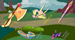 Size: 1466x794 | Tagged: safe, artist:reyjjj, applejack, fluttershy, pinkie pie, rainbow dash, twilight sparkle, g4, weapon