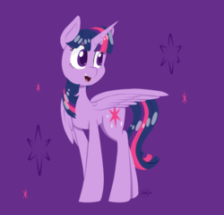 Size: 1152x1111 | Tagged: safe, artist:imaplatypus, part of a set, twilight sparkle, alicorn, pony, g4, cutie mark background, female, looking away, mare, one wing out, open mouth, purple background, simple background, smiling, solo, standing, turned head, twilight sparkle (alicorn)