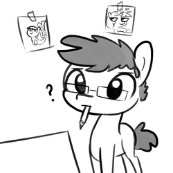 Size: 1650x1650 | Tagged: safe, artist:tjpones, twilight sparkle, oc, oc only, oc:tjpones, earth pony, pony, seapony (g4), g4, drawing, glasses, grayscale, male, monochrome, mouth hold, pencil, question mark, self portrait, simple background, solo, stallion, twiggie, white background