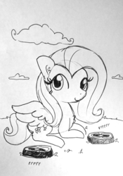 Size: 1102x1573 | Tagged: safe, artist:tjpones, fluttershy, pegasus, pony, g4, chest fluff, ear fluff, female, grayscale, lineart, monochrome, onomatopoeia, prone, roomba, roombashy, solo, traditional art, trio, vrrr