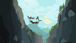 Size: 1280x720 | Tagged: safe, screencap, bald eagle, bat, bird, eagle, falcon, owl, peregrine falcon, g4, may the best pet win, season 2, animal, cloud, flying, ghastly gorge, gorge, mountain, spread wings, sun, wings