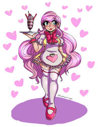 Size: 2975x3850 | Tagged: safe, artist:mylittleyuri, derpibooru exclusive, fluttershy, human, g4, bow, clothes, cute, digital art, dress, food, frills, heart, high res, humanized, paint tool sai, socks, stockings, thigh highs, tray