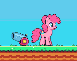 Size: 480x384 | Tagged: safe, artist:biel56789, pinkie pie, earth pony, pony, game:spike's quest, g4, animated, breaking the fourth wall, cute, female, fourth wall, gif, looking at you, mare, party cannon, pinkie pie is watching you, pixel art, she knows, solo
